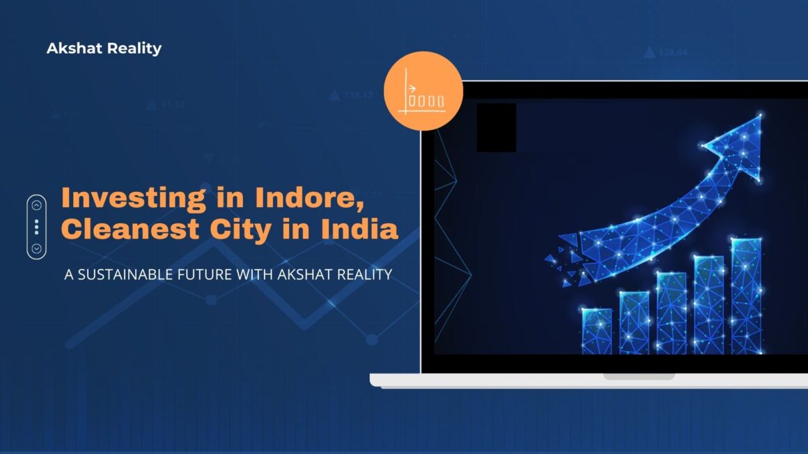 The image features a background with a deep blue color, creating a sense of stability and trust. In the foreground, bold text reads "Investing in Indore, Cleanest City in India." A laptop sits prominently below the text, displaying a graph that trends upwards, symbolizing growth.